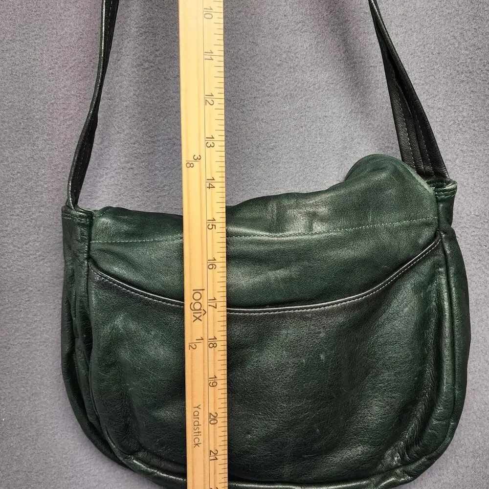Leather Shoulder Bag Womens Dark Green Flap Pocket Zip Compartments Medium Purse